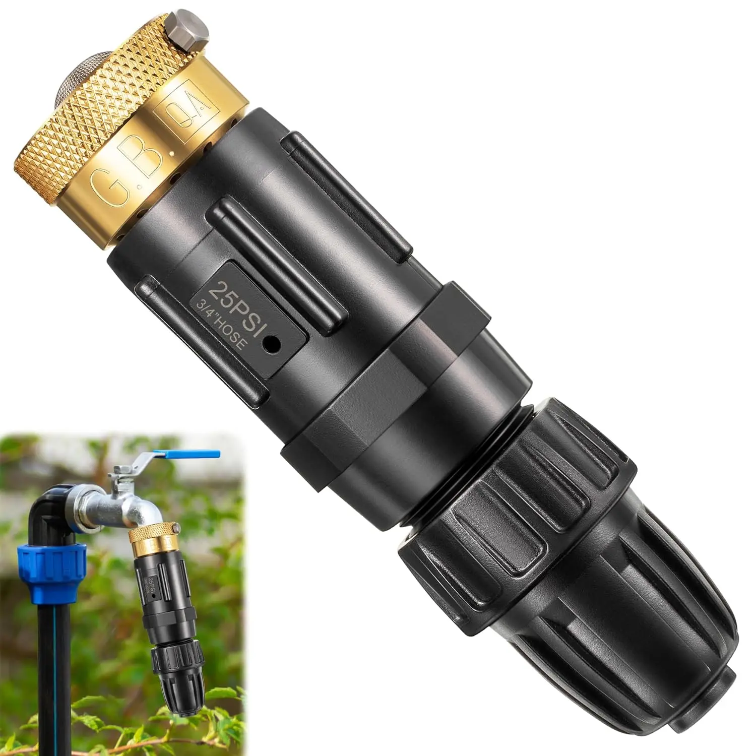 1 count 25PSI Drip Irrigation Faucet Adapter Kit 1/2" Tubing to 3/4" Faucet | Drip Irrigation Filter with Water  Regulator, Backflow Preventer and Filter for Irrigation of Gardens, Farmlands, etc