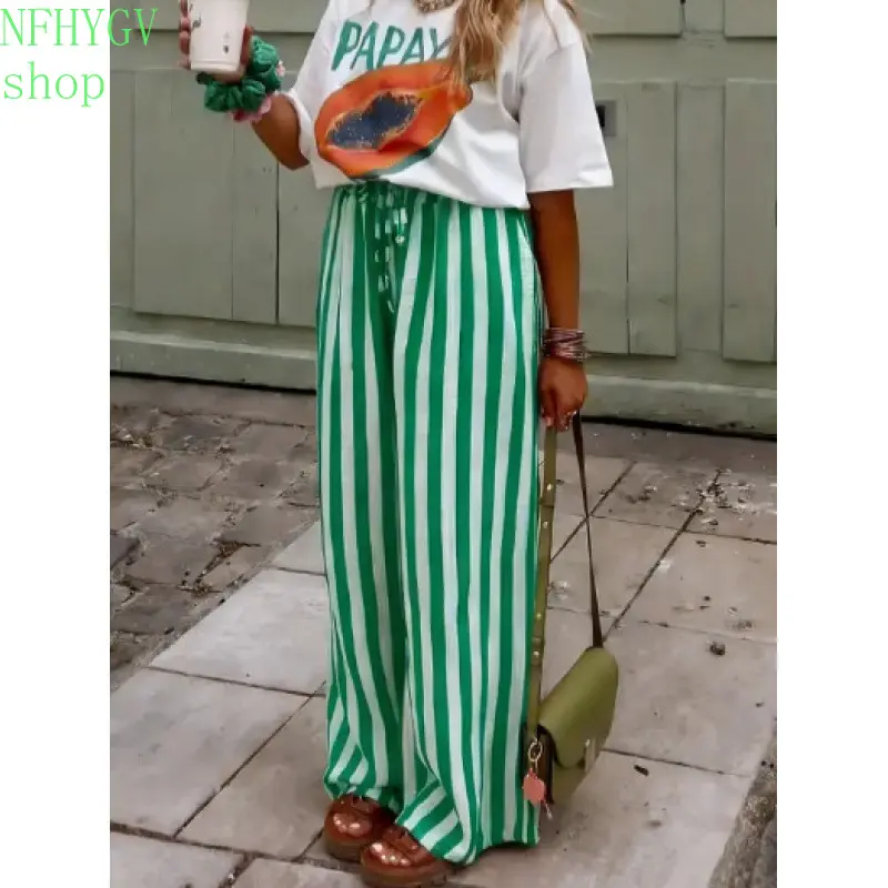 Women’s Vertical Striped Wide Leg Pants, High Waist Loose Casual Trousers With Elastic Drawstring And Side Pockets, Comfy Striped Palazzo Pants For Streetwear, Holidays, Daily Shopping And Spring Summer Outfits