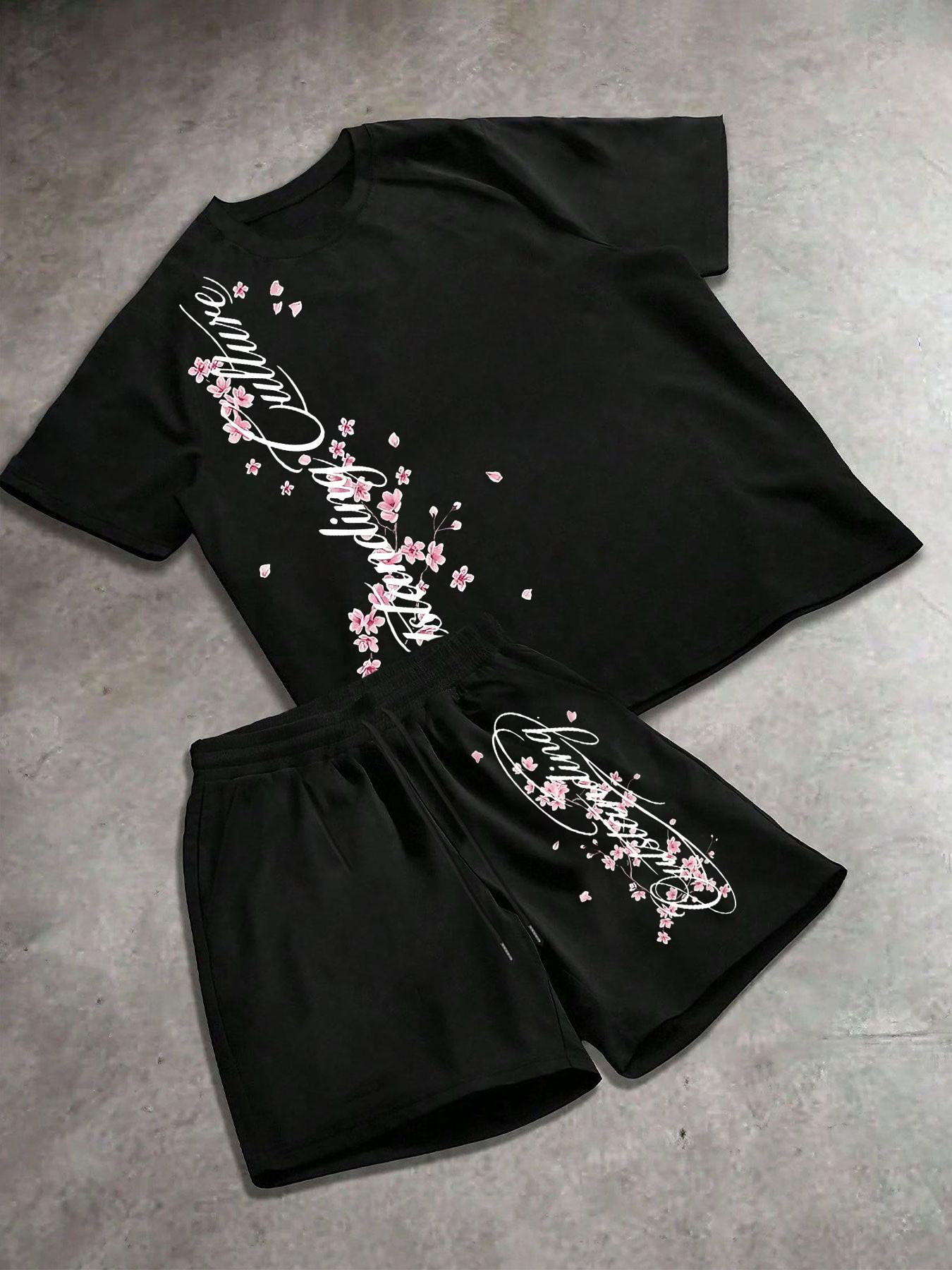 Boys' Summer Loose Short Sleeve T-Shirt & Shorts Set, Gothic Floral Print, Comfortable Street Style, Casual Daily Wear, Outfit Sets