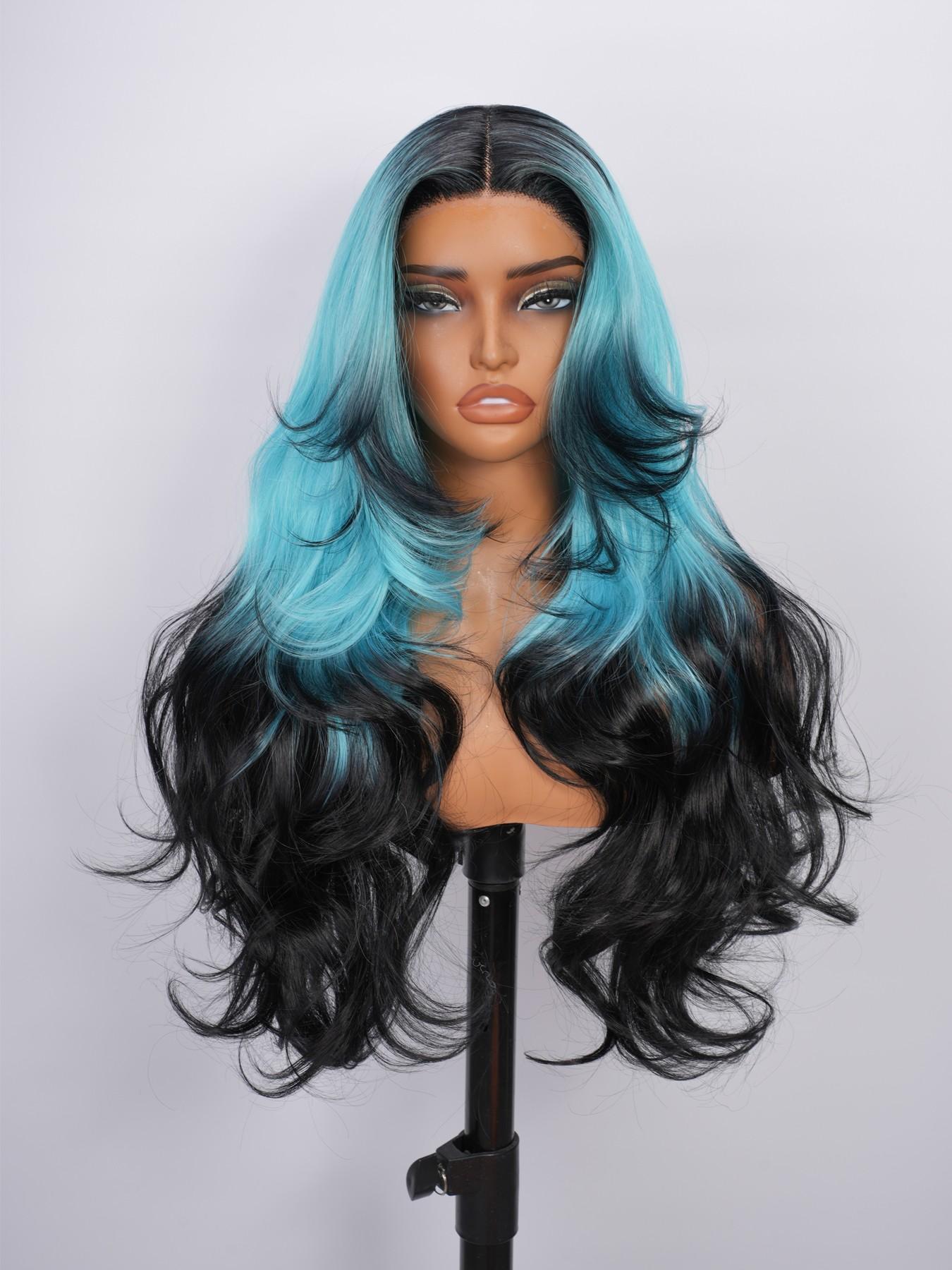 Voluminous Layered Design T-part Wig, Long Body Wave Black To Light Blue Ombre Wig, Fashion Synthetic Hair Wig For Y2K Lovers & Drag Queens, Fit Daily Wear, Themed Party, Cosplay Shooting