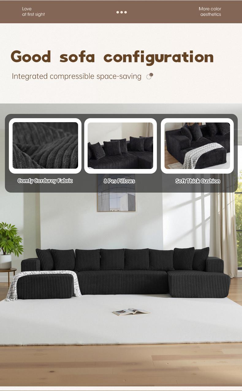 (3 packs shipped) 132"U-shaped modular sofa super comfortable corduroy cloud sofa double recliner no assembly modern living room furniture boneless sectional sofa