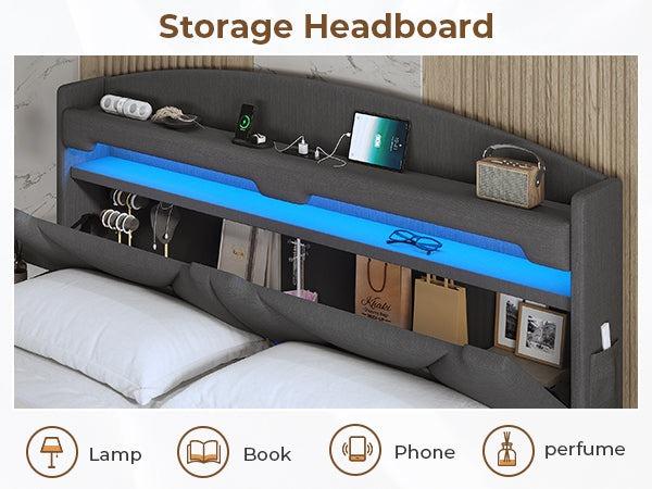 Sikaic LED Floating Bed Frame With Charging Station Hidden Storage Dark Grey Angersbed Furniture Headboard Modern Design Comfortable Home