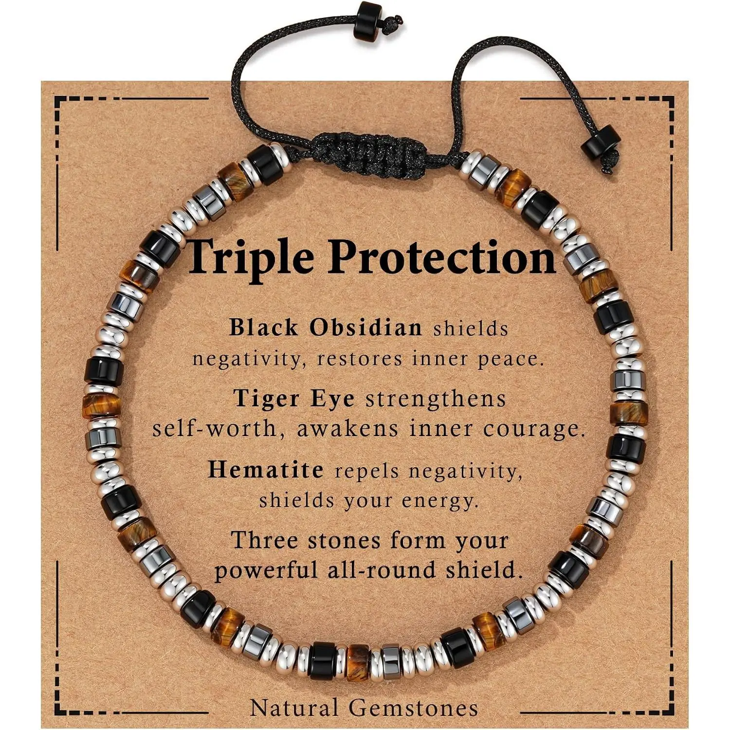 Healing Crystal Bracelet for Men, Triple Protection Hematite, Black Obsidian & Tiger Eye Natural Gemstone Beaded Bracelet, Jewelry Gift for Him