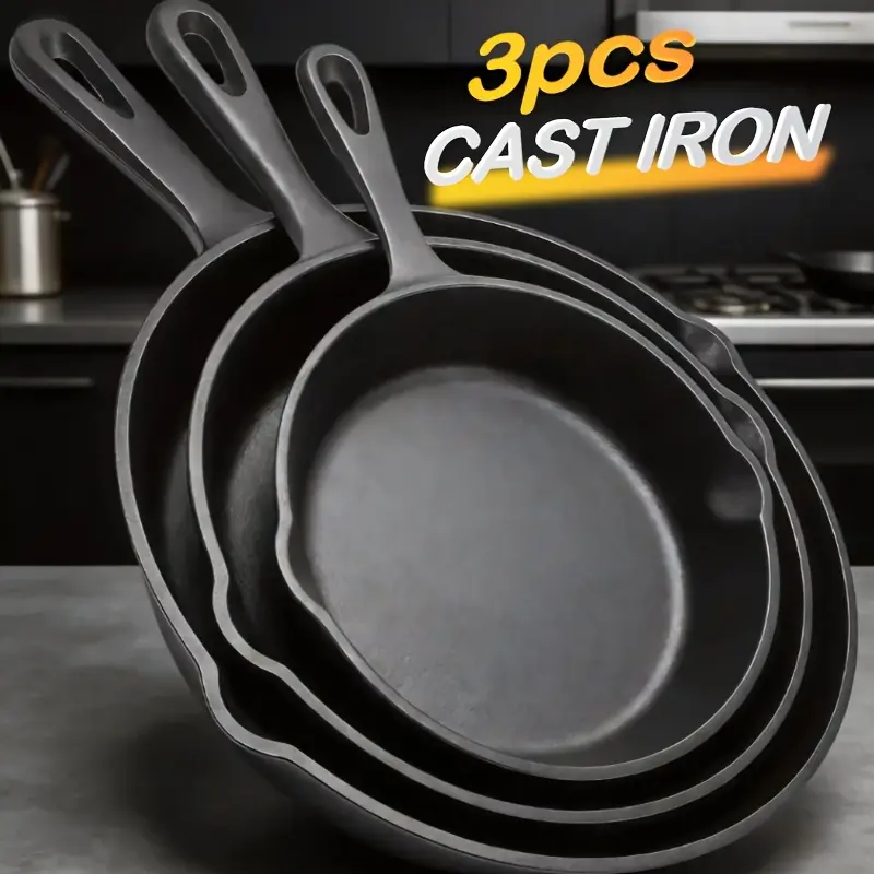 3pcs Cast Iron Cookware Set: Heavy-Duty Non-Stick Pan, Multi-functional Frying Pan, Skillet, And Baking Dish, Suitable for Kitchen & Outdoor Use - Perfect for Cooking Steak & Chicken