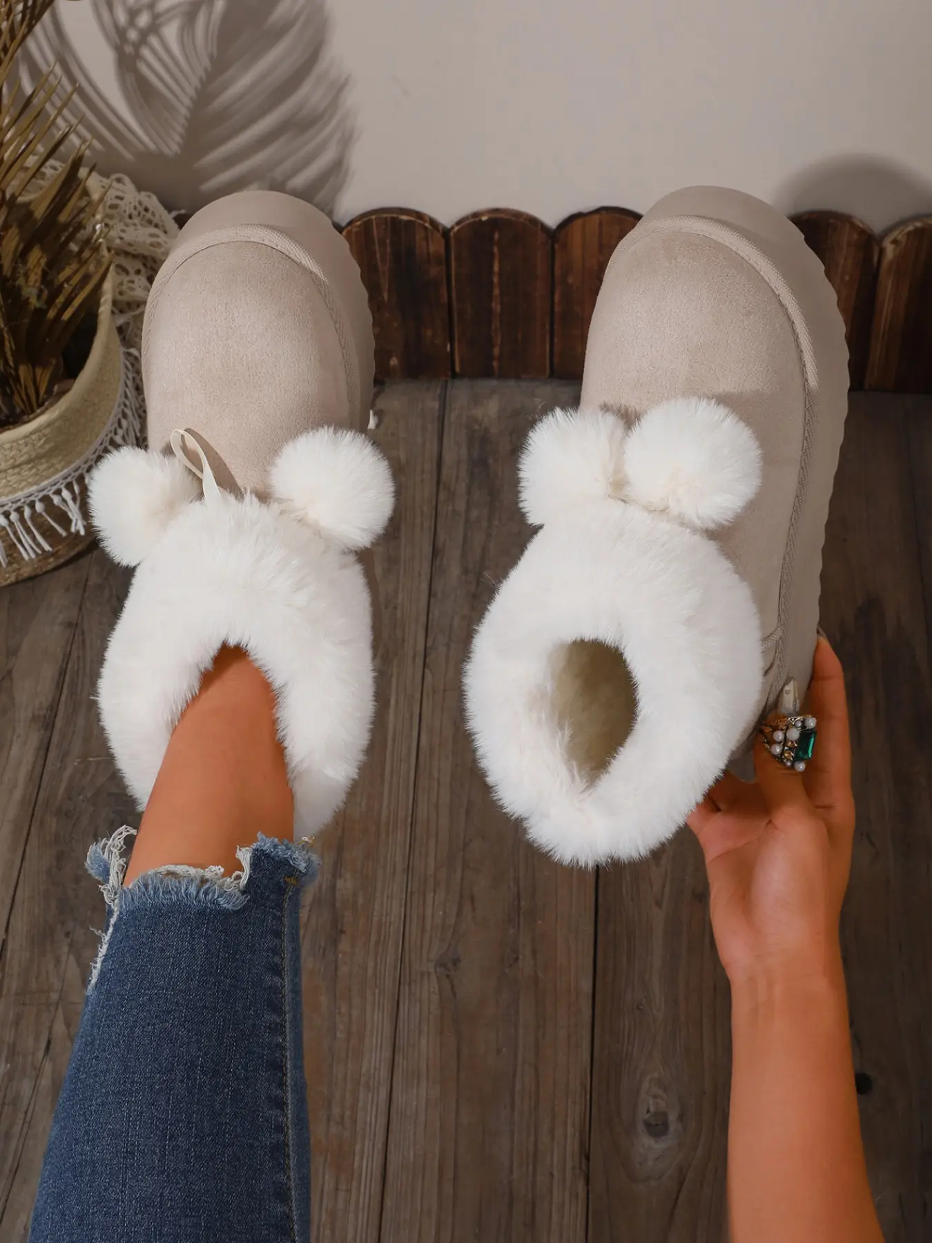 Sweet Bow Bunny Boots, Imitation Deer Skin, Thick Sole Anti-Slip Cotton Shoes, Women's Cute Winter Commuter Casual Boots, Fashionable Boots