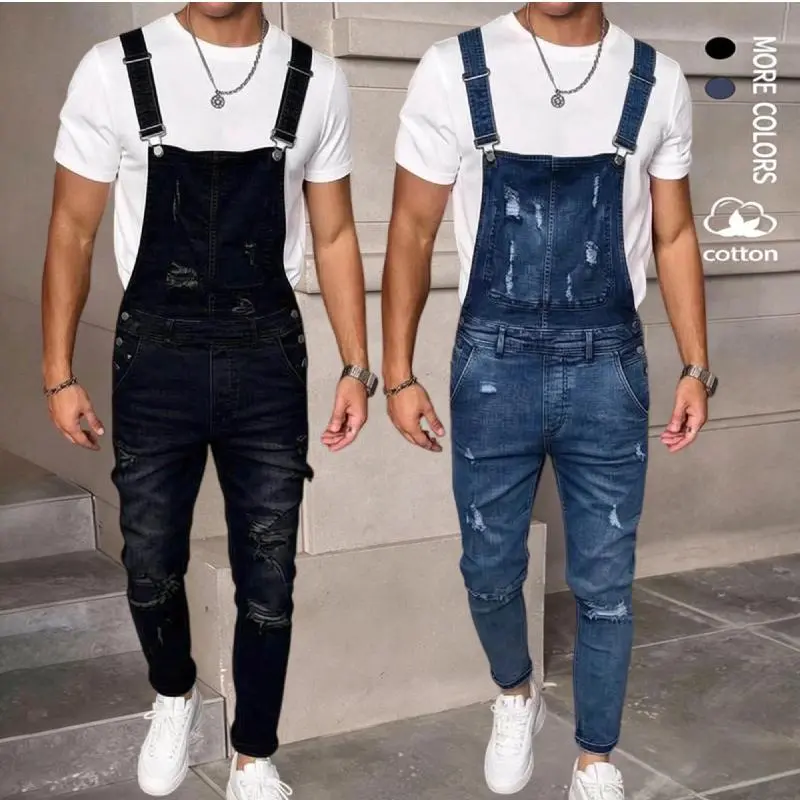 Men's High Cotton Distressed Denim Overalls, Vintage Washed Slim Fit Ripped Bib Overalls, Streetwear Casual Workwear Jeans Jumpsuit with Adjustable Straps for Men