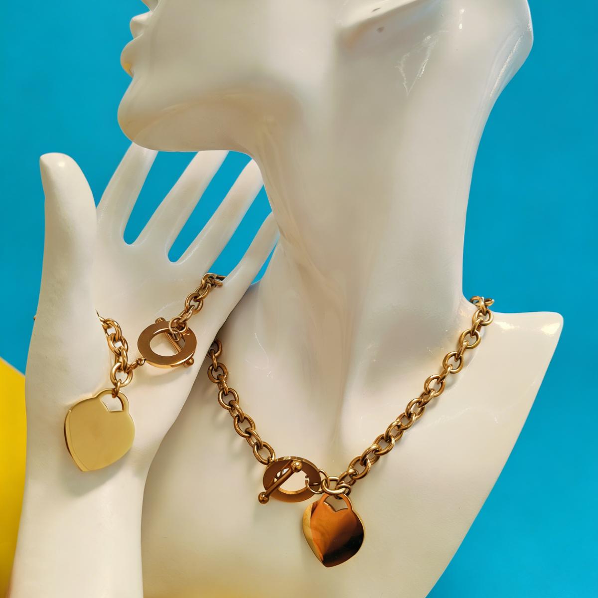 Vintage Timeless Heart Necklace Bracelet Set For Women Men Viral Classic Minimalist Chunky Chain Jewelry Kit Daily Stackable Accessory Y2K Dark Academia Neutral Aesthetic Unisex Matching Gift Set For Girlfriend Friend Office Outfit Layering