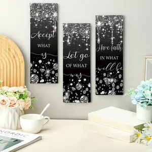 3pcs Glitter Diamond Bathroom Wall Decor Wooden Accept Let Go Have Faith Wall Art Bathroom Decor Black Silvery Shiny Drips Hanging Sign for Living Room Home Spa Home Decor Accessory