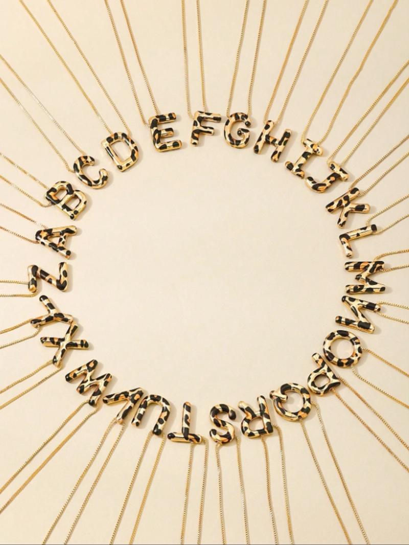 Women's Leopard Print Letter Pendant Necklace, Metal Alphabet Chain Jewelry, Casual Daily Wear Accessory, Perfect Gift Idea, Letters Necklace