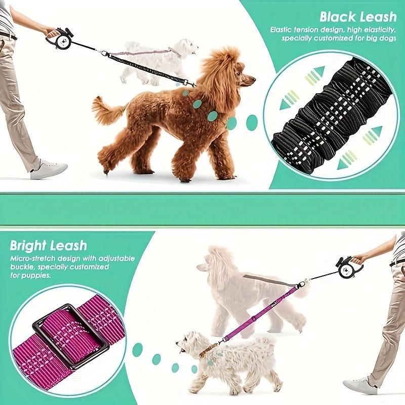 2-in-1 Dual Dog Walking Leash, Anti-Tangle Splitter with Shock Absorbing Elastic Bungee, Adjustable Crossbody Shoulder Strap, Dual Pet Training Lead for Two Dogs