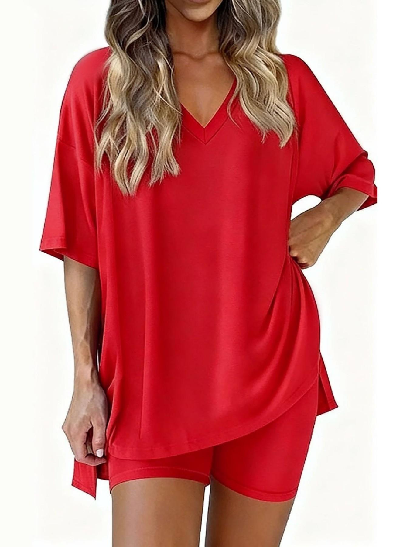 2026 V Neck 2 Piece Sets forSpringWomen Summer Loungewear Short Set SpringMatching Biker Shorts Oversized ShirtClothing