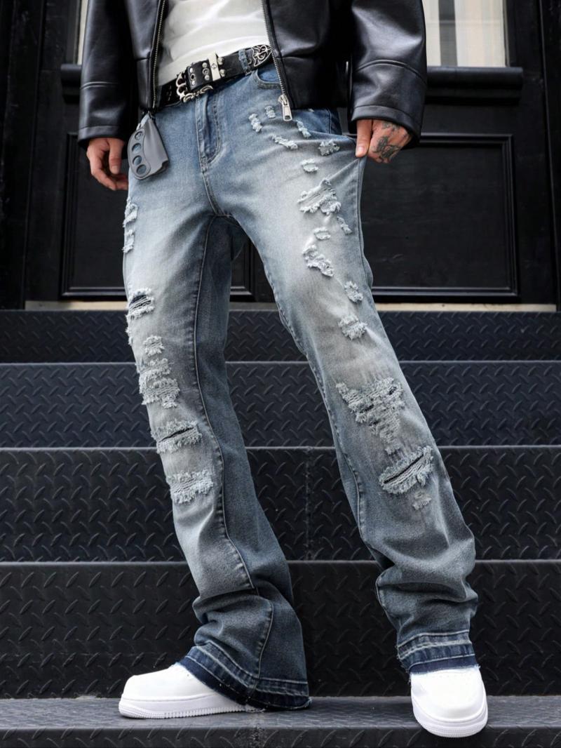 High Street Heavy Distressed Jeans, Vintage Wash Micro Flare, American Street Style, Fashionable Denim Jeans for Men and Women
