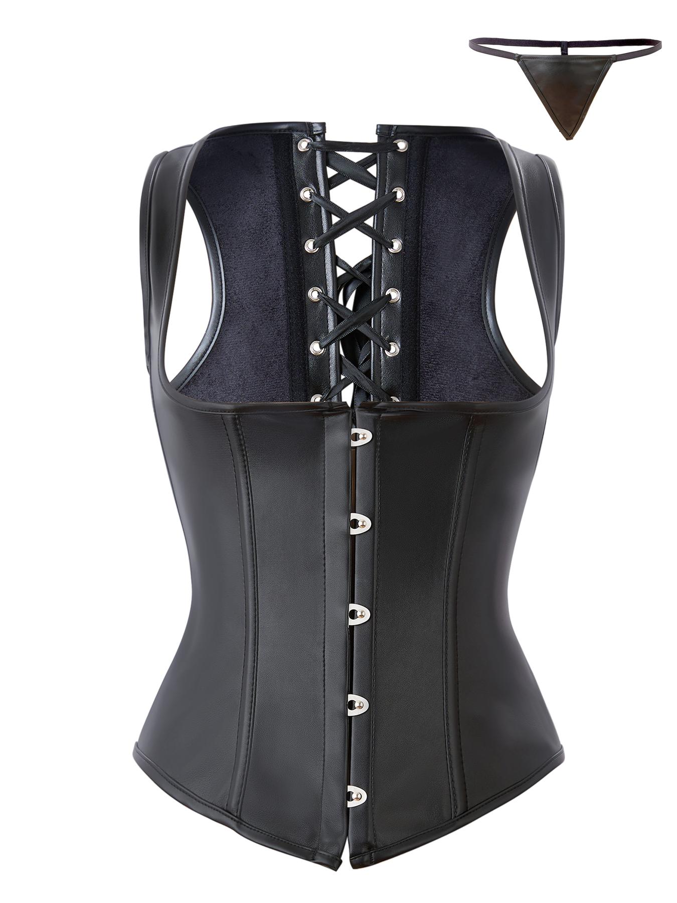 Christmas Women's Faux Leather Corset Belt, Button Design Vintage Shapewear Top, Waist Cincher Party Fashion Outerwear Gift Thong Included