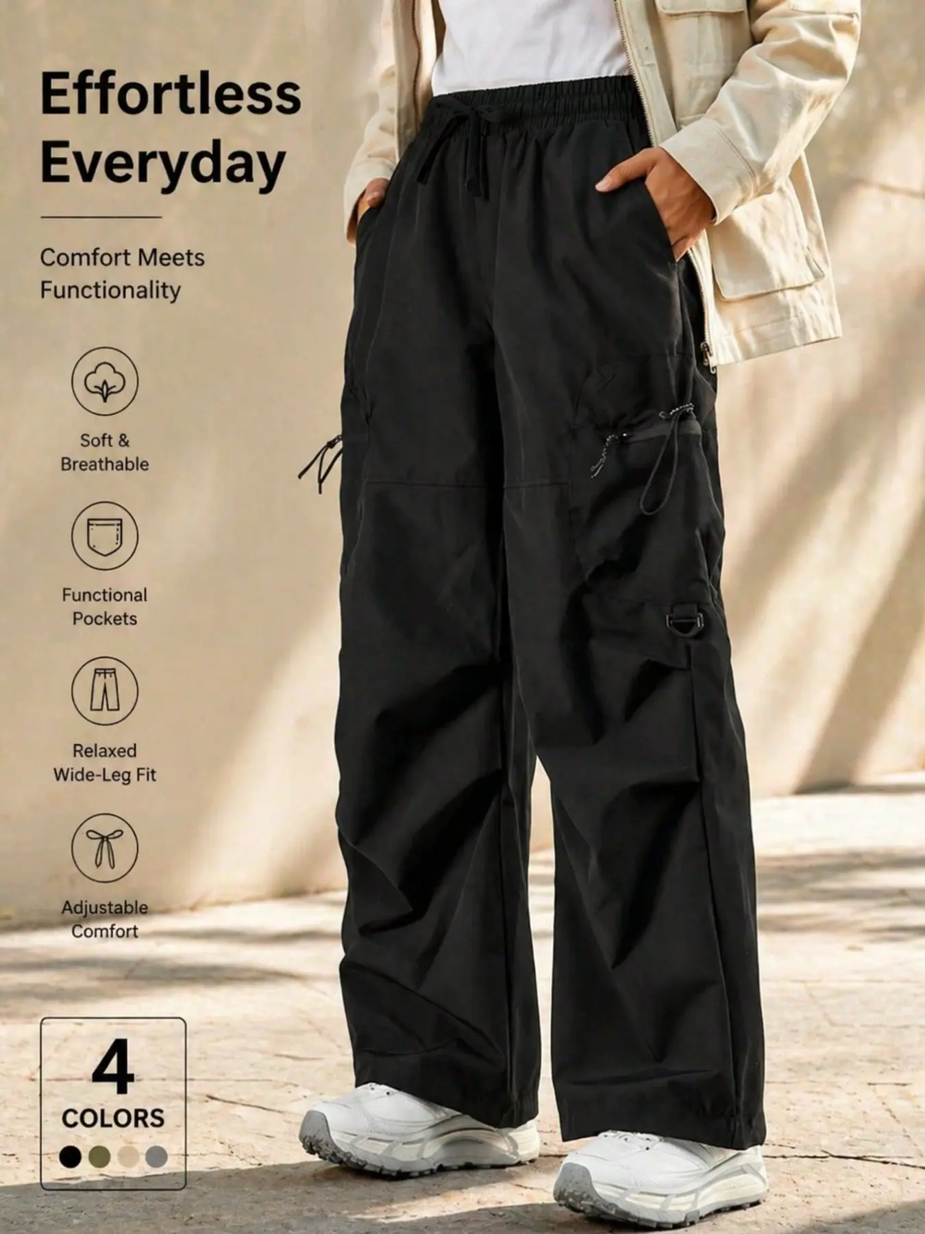 Women's Cargo Baggy Hiking Pants with Drawstring Waist, Zipper Pockets, Adjustable Hem, Breathable Outdoor Soft Shell Material