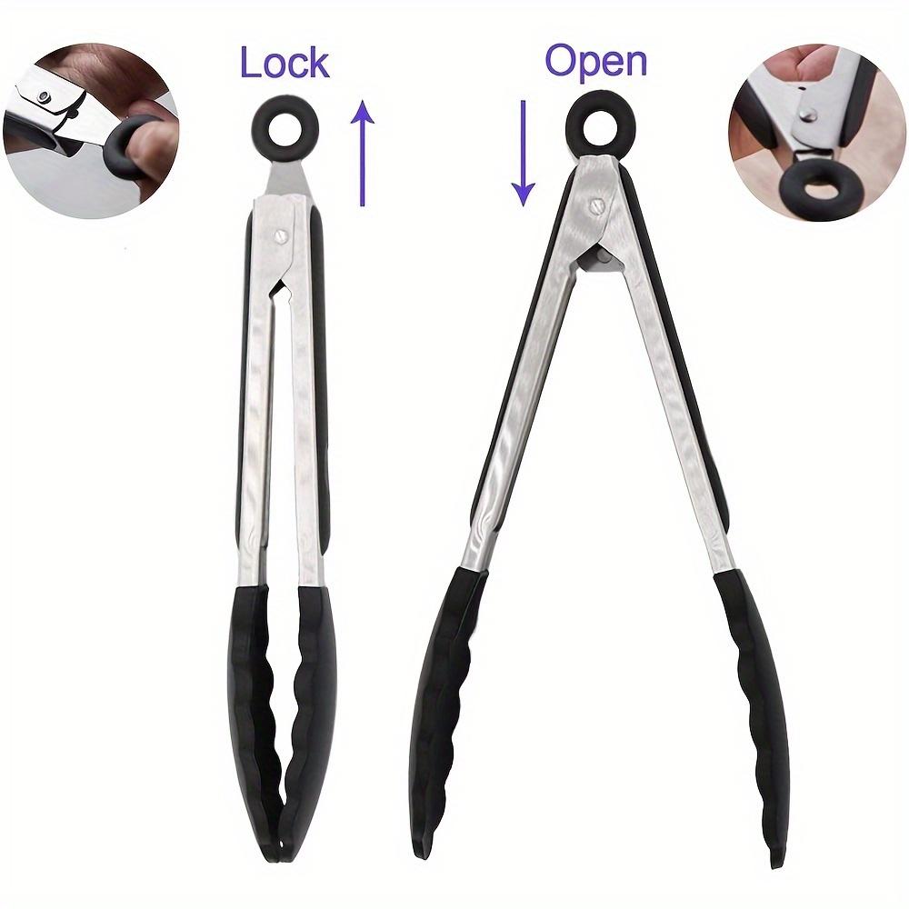 1PC Tongs For Cooking, Kitchen Tongs With Silicone Tips, High Heat Resistant Locking Tongs, Heavy Duty, Great Grips, 7, 9, 12 Inches, Black