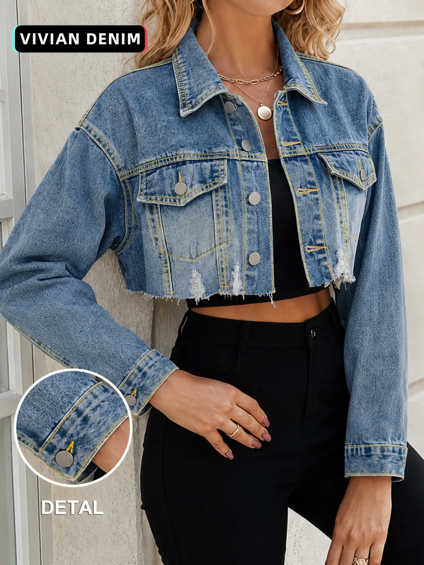 Women's Light Wash Distressed Ripped Cropped Denim Jacket, Raw Frayed Hem, Lapel Button Down, Long Sleeve, Chest Pocket, Y2K Streetwear