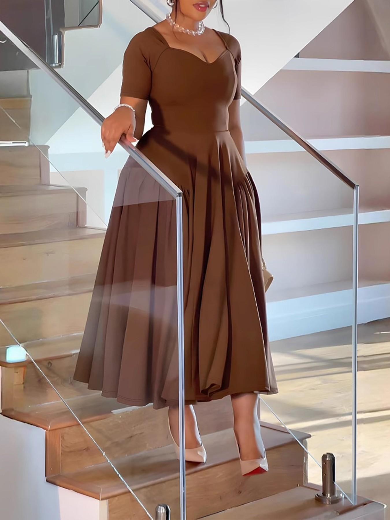 Plus Size Square Neck Heart Collar Short Sleeve Fitted Waist A-Line Midi Dress, Elegant Slimming Long Dress for All Seasons