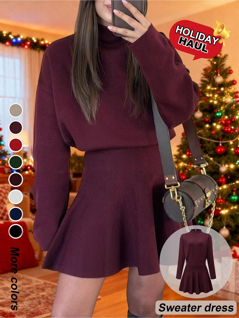 Women's Casual Mock Neck Sweater Dress, Fall/Winter Long Sleeve Solid Loose-Fitting Knit Dress