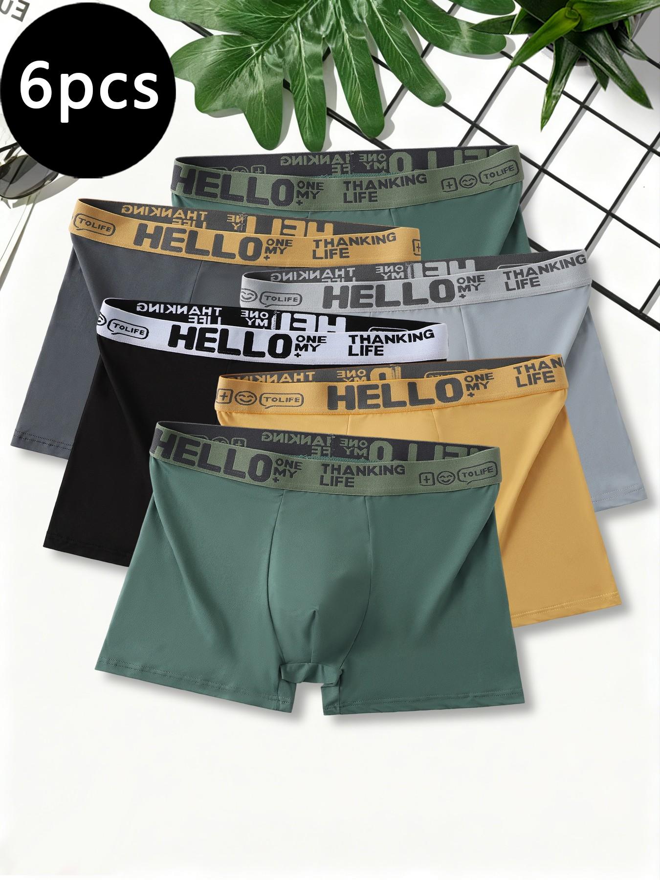 Trendy men's boxer briefs with HELLO lettered waistbands, available in multiple color combinations and a wide variety of options.
