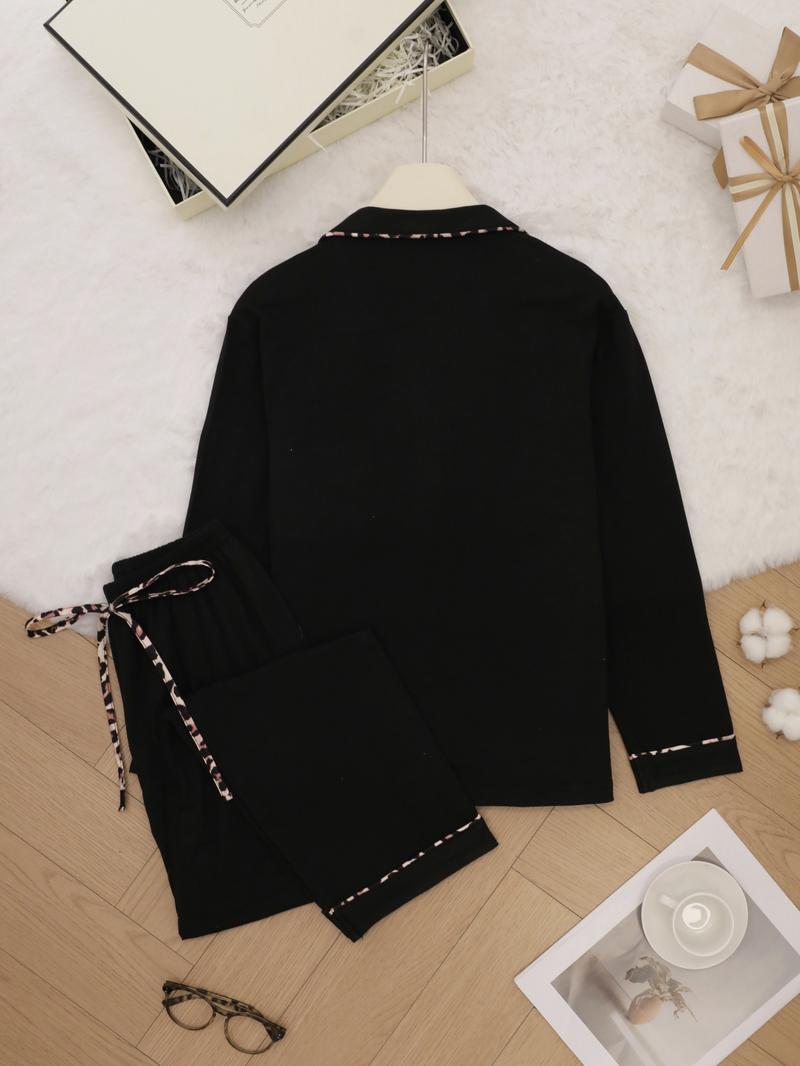 Women's All Over Print Lapel Neck Pajama Set, Long Sleeve Button Top & Tie Front Pants PJ Set, Casual Comfy Loungewear Set for Women