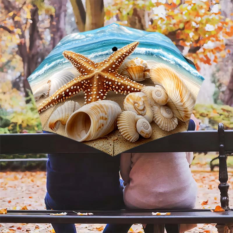 1 PC Automatic Folding Umbrella - Beach Starfish Shells Ocean Waves Pattern, Portable & Foldable Design with 8 Ribs, Merry Christmas Pattern,Casual Outdoor Accessory Halloween and Christmas Birthday Gifts. G00125
