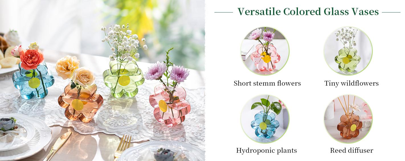 Bud Vases for Flowers: Colorful mini Vase Set Girly Home Shelf Decor - Cute Glass Vases for Centerpieces Modern Artistic Living Room Office Bedroom Baby Shower