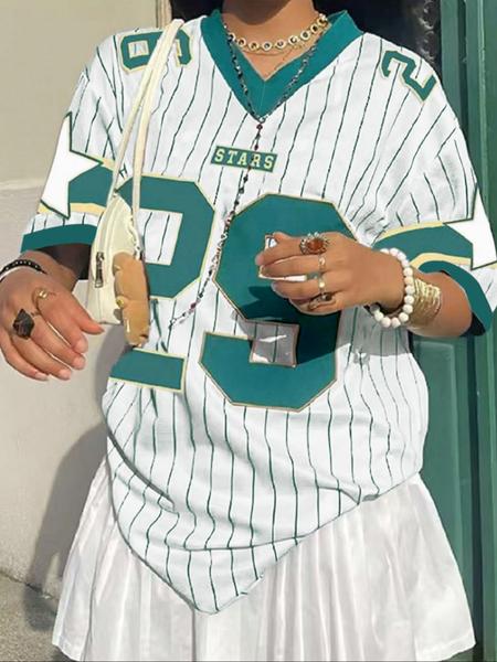 Women's Figure Print V Neck Tee, Fashion and Trends Casual Short Sleeve T-shirt for Daily Wear, Ladies Clothes for All Seasons