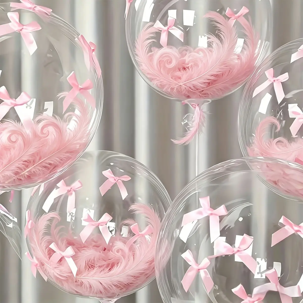 Transparent Pom Pom Balloon Set, 5pcs Pom Pom Balls, 30 Bows, Adhesive Dots, Feathers, Party Decorations, Holiday Gift