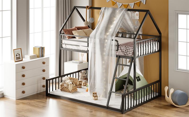LIKIMIO Bunk Bed Twin XL Over Twin XL, Metal Bunk Bed Frame with Ladder and Guardrail, House Shaped with Metal Slats for Dormitory and Bedroom, Space Saving, No Box Spring Needed