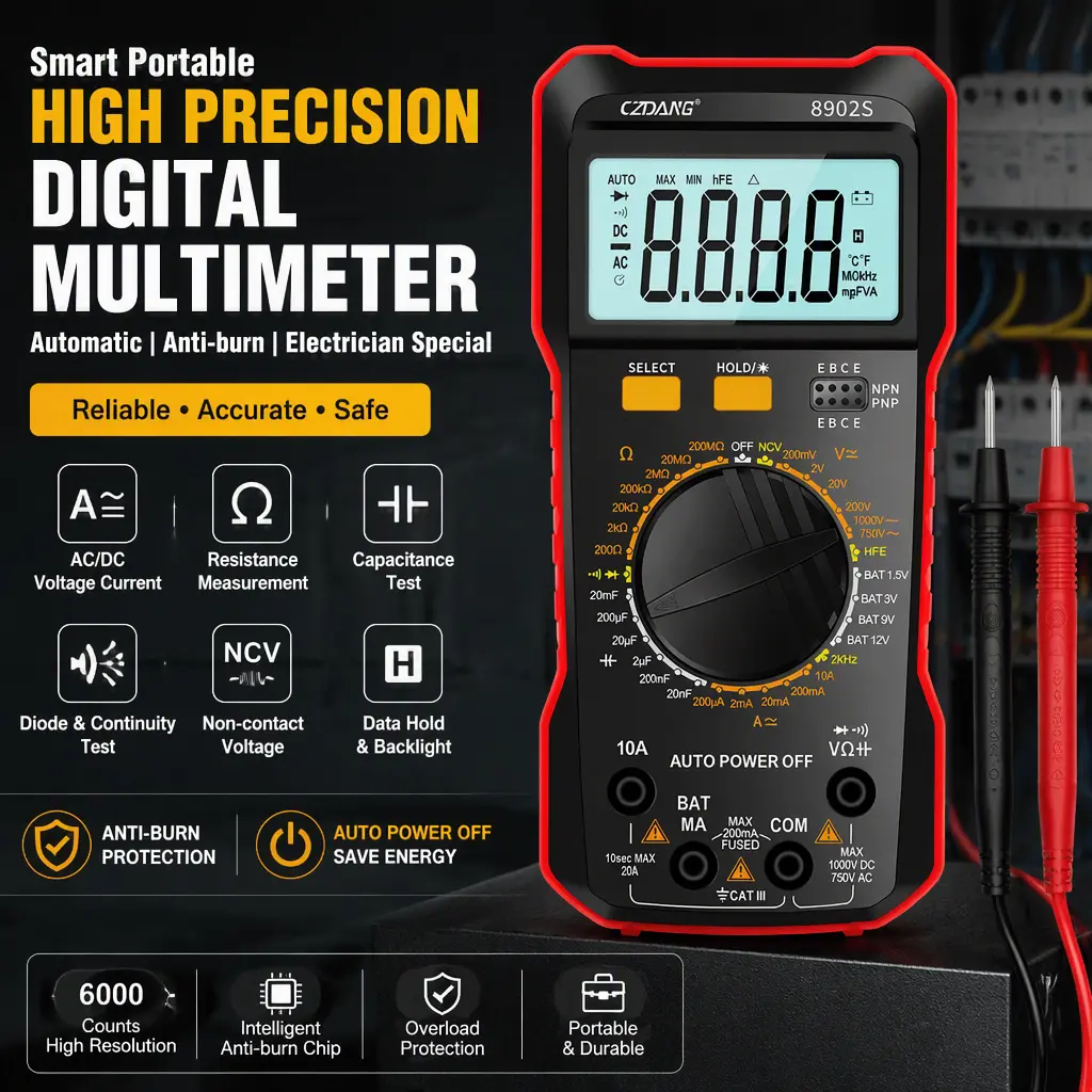 Multi‑Function Digital Multimeter Tester, Anti‑Burn Hand‑held Multi‑Meter, Measure AC DC Voltage Current Resistance Diode Continuity