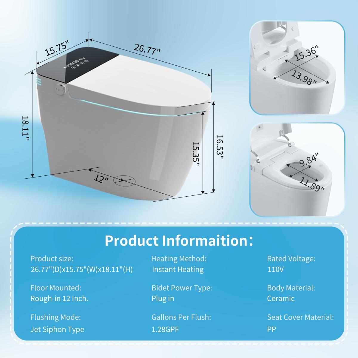 Bellemave ﻿ Tankless Smart Toilet With Bidet Built In, One-piece Bidet Toilet Seat, Auto Flush,Heated Seat, Warm Water and Dry, Adjustable Temp,Remote Control Side Know