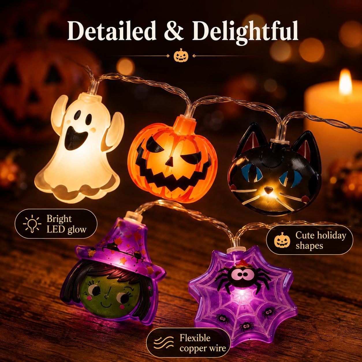 Halloween character string lights used as a tabletop centerpiece