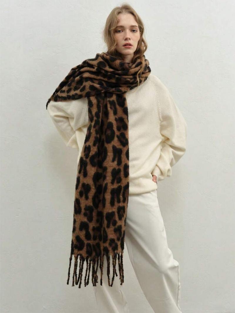 High-Quality Leopard Print Scarf, Cool Tassel Vintage Shawl, Y2K Faux Wool Warm Shoulder Wrap, Fall & Winter Fashion Accessory