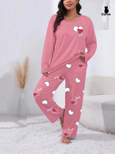 Plus Size Heart Letter Print Comfortable 2-Piece Set, Casual Long Sleeve Pajama Pants Suit, All Seasons Fitted Knit Fabric Loungewear Plus Size Heart Letter Print Comfortable 2-Piece Set, Casual Long Sleeve Pajama Pants Suit, All Seasons Fitted Knit Fabric Loungewear