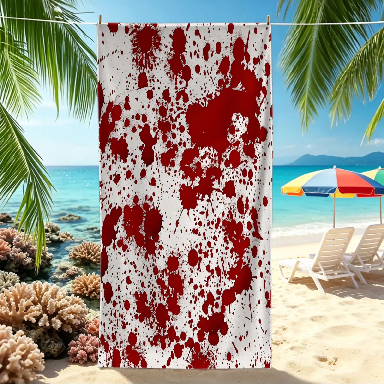 Blood Splatter Horror POD Digital Print Beach Towel, quick-dry soft Pool Towel, portable Camping Towel & large Bath Towel Blanket, unique scary design, for horror fans and outdoor lovers, used for beach, swimming and travel.