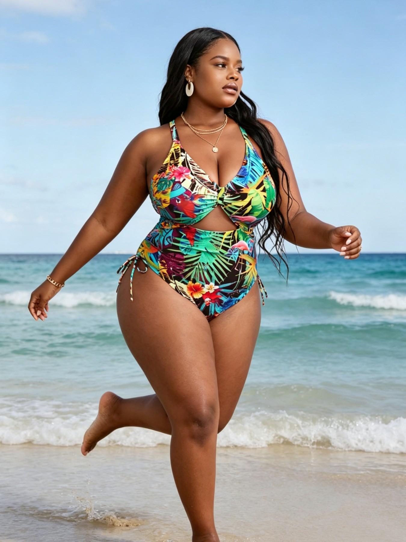 New European Style Plus Size Women's Colorblock Print Cutout Cross Back Tie Summer Swimwear Swimsuit, Sexy Backless Slim Fit One-Piece Swimsuit for Beach Pool Vacation