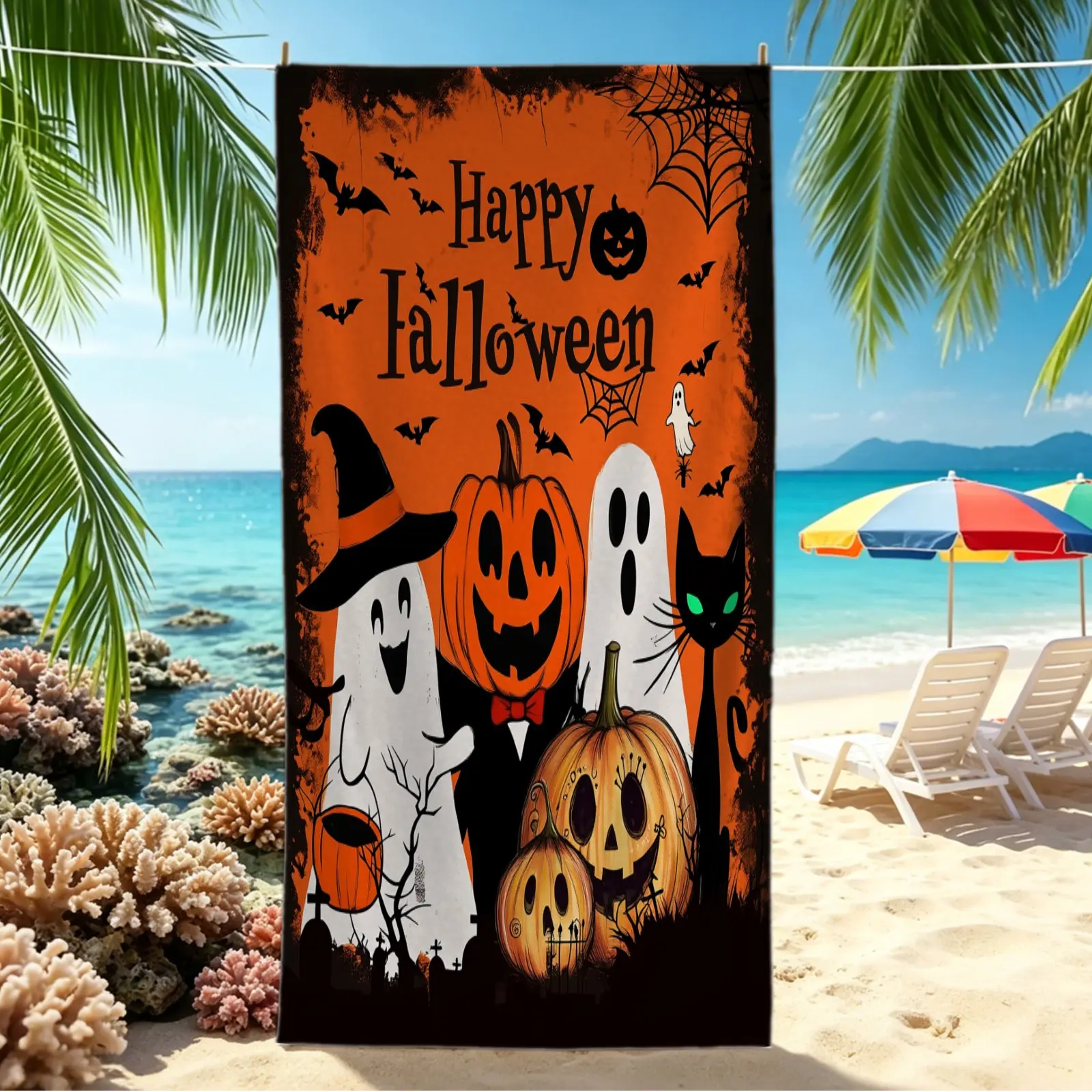 1Pc POD Halloween Ghost Castle Digital Print Beach Towel, Quick-Dry Pool Towel, Portable Camping Towel & Bath Towel Blanket, Creates Cheerful Spooky Holiday Atmosphere, Suitable For Outdoor Enthusiasts Beach Trips, Camping And Home Daily Bathing Use