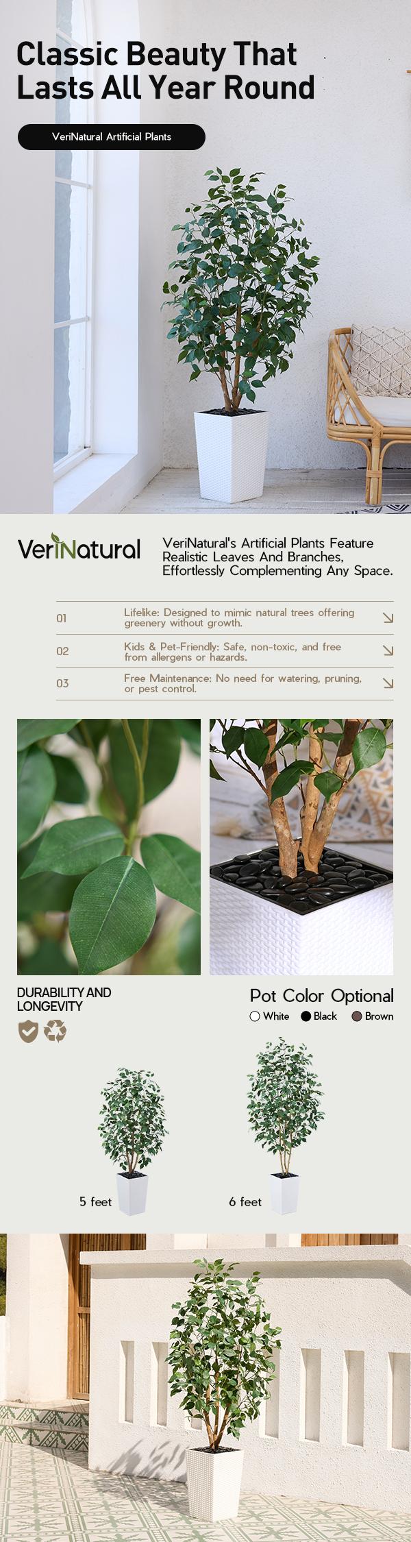 VeriNatural 5/6FT Natural Trunk Artificial Ficus Tree UV Resistant with Taper Planter for Indoor & Outdoor（VN129）