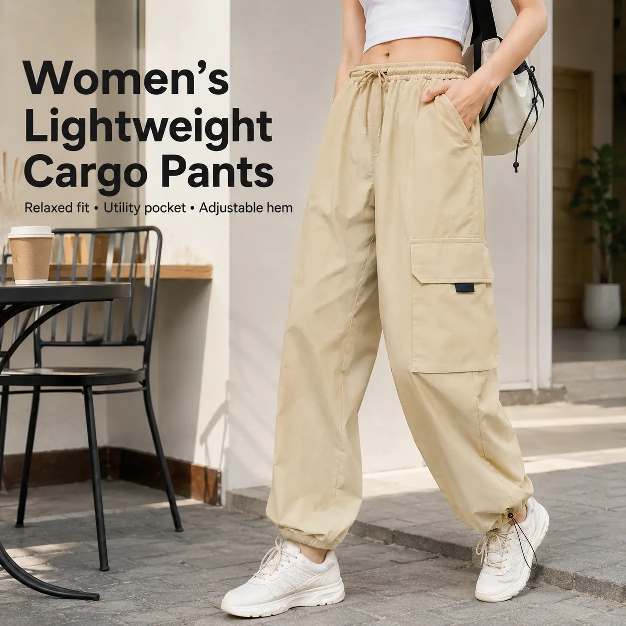Women’s Lightweight Cargo Pants, 92% Polyester 8% Spandex Stretch Relaxed Fit Utility Pants with Pockets & Adjustable Hem for Hiking, Travel & Casual Outdoor Wear