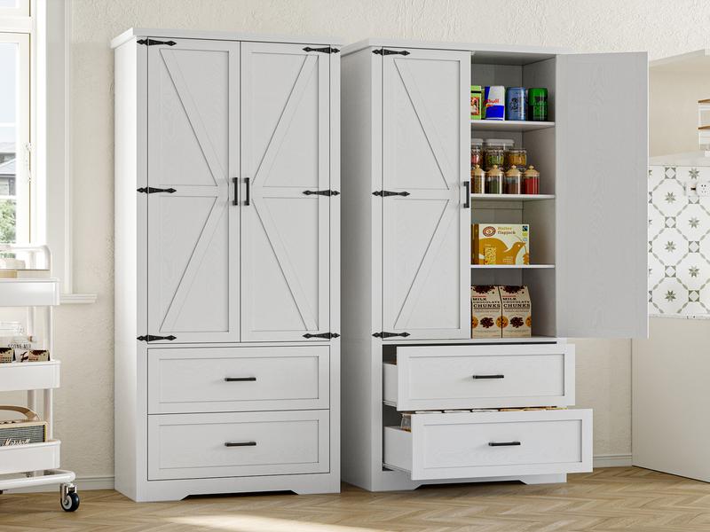 Pantry Organizers and Storage Cabinet, 71” Barn Door White Kitchen Cabinet with Drawers and Adjustable Shelf, Tall Pantry for Kitchen, Dining Room, Living Room. Bathroom and Office