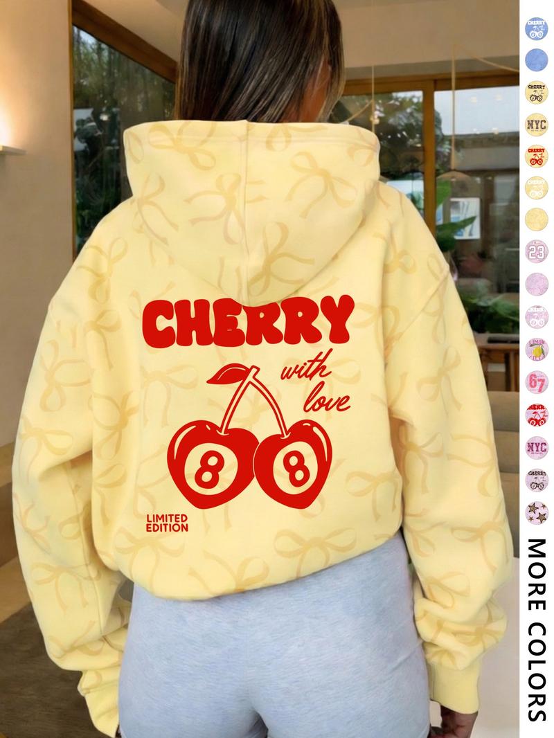 Women's Hooded Sweatshirt with Bow Print, Long Sleeve Fitted Casual Top, Spring & Fall Fashion, Perfect Gift for Valentine's Day