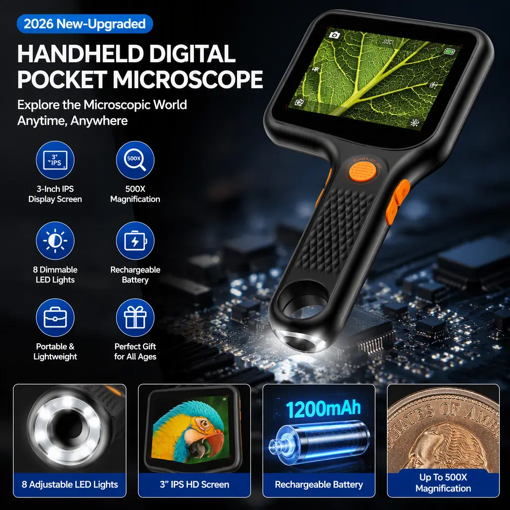 2026 Upgraded Handheld Digital Microscope, 3‑Inch IPS Screen Pocket Microscope with 500X Magnification & 8 Adjustable LED Lights, Rechargeable Microscope for Kids, Adults, Coin Collecting and Science Exploration