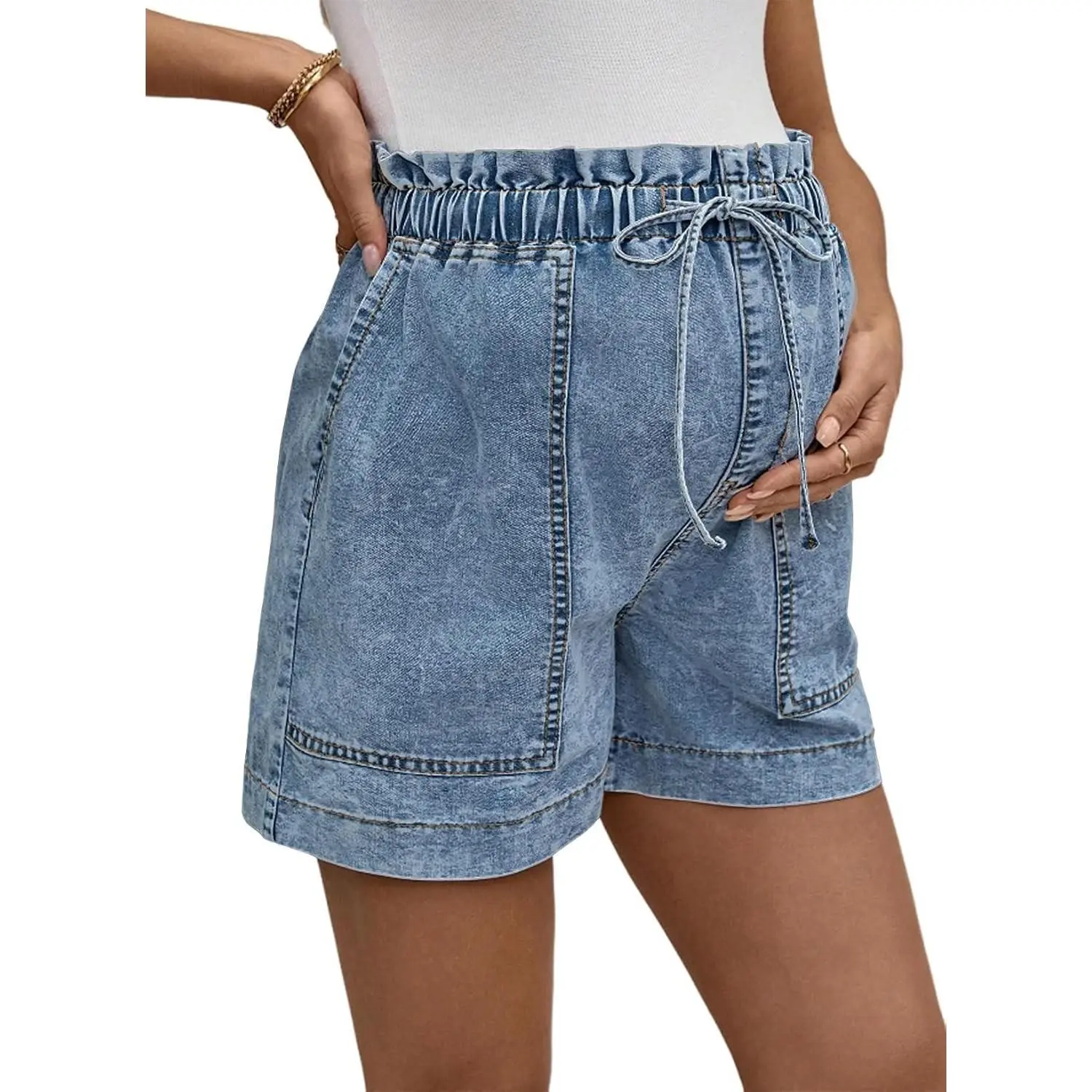 Maternity Jeans Shorts High Rise Stretchy Drawstring Postpartum | Plus Size Denim Summer Workout Pregnancy Outfits, Comfy Bump Friendly Clothes with Pockets