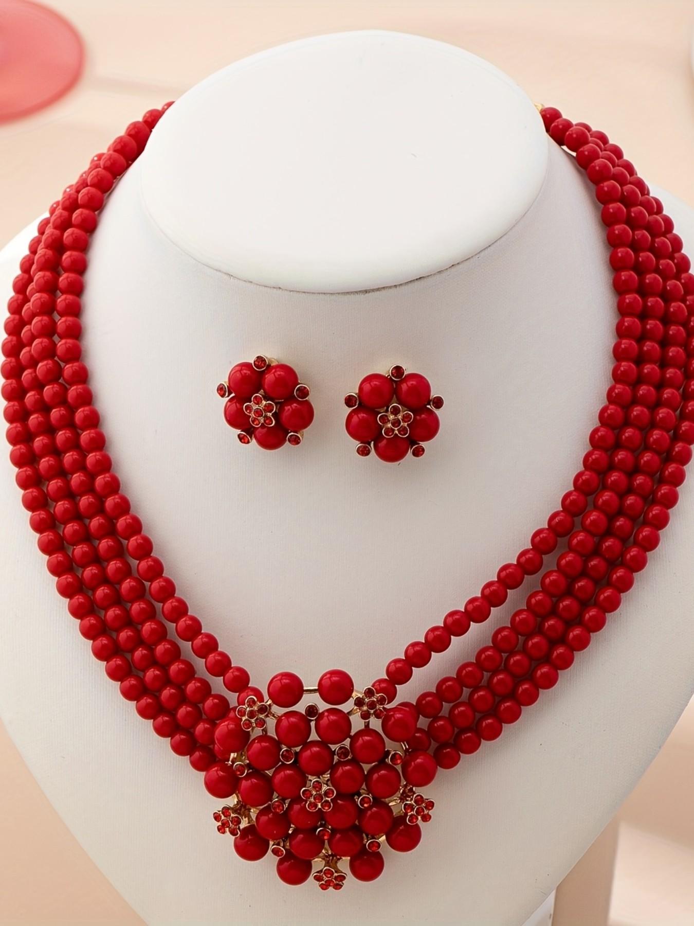 3-Piece Luxury Vintage French Style Multi-Layer Imitation Pearl Necklace Earrings Set, Perfect for Women's Evening Weddings Parties