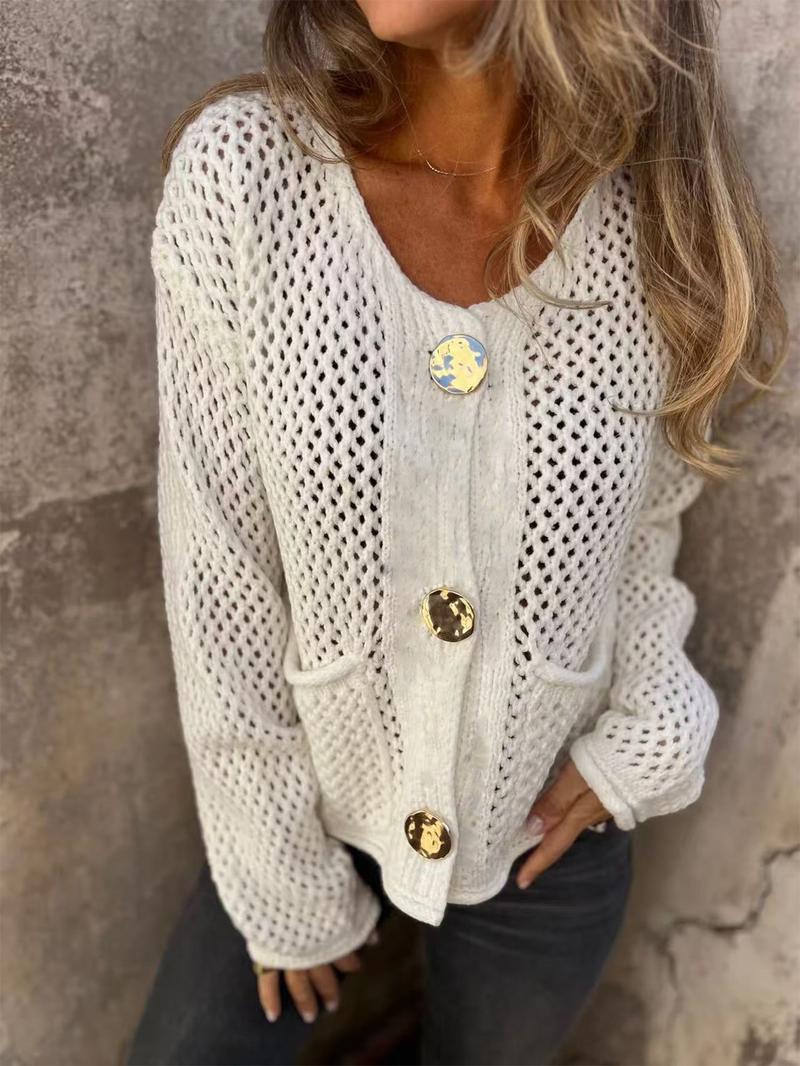 Women's Solid Color V-Neck Long Sleeve Hollow Out Button Knit Cardigan Sweater, Casual Fashion Pullover for Spring & Fall