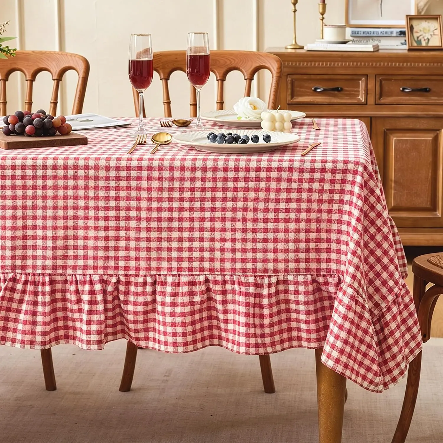Gingham Ruffled Tablecloth Rectangle Table, Heavy Duty Cotton Linen Checkered Table Cloth, Shrinkle Free Buffalo Plaid Table Cover for Outdoor Birthday Party,Picnic, Camping, Red, 60x84