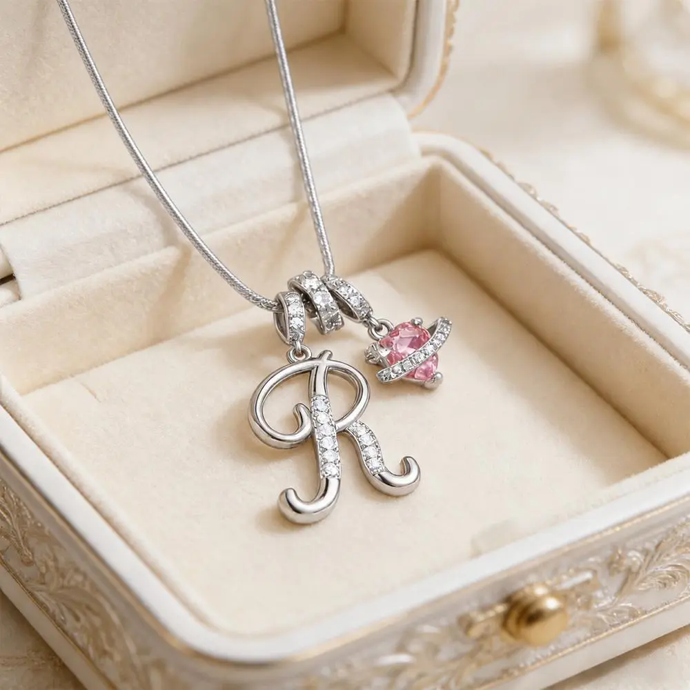 Dainty Silver Plated Initial Pendant Necklaces Trendy A-Z Letter Monogram Name Necklace Personalized Initial Pink Heart Cubic Zirconia Pendant Necklaces Birthday Anniversary Jewelry Holiday Gift