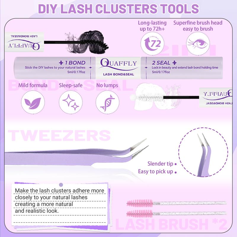 QUAFFLY Volume Eyelash Clusters Kit Diy Volume Eyelashes 120D Lash Clusters with Bottom Lashes Fluffy Cluster Eyelash Extensions 216 Pcs D Curl Lash Clusters Kit With Lash Bond and Seal Tweezers Brushes