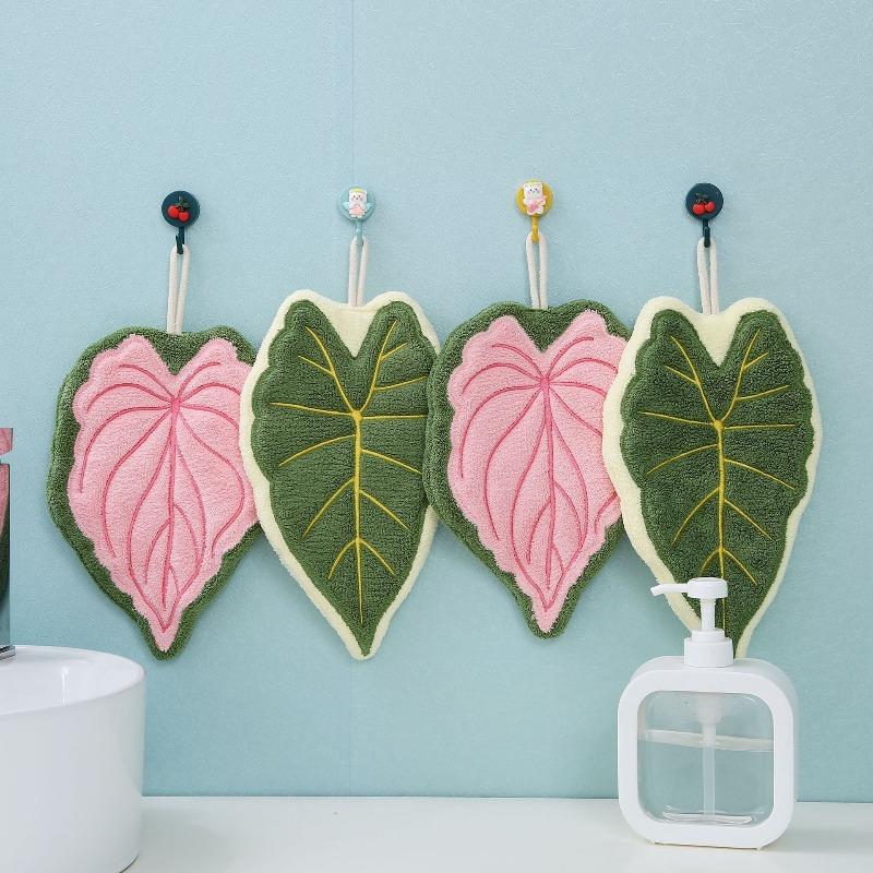1 Pack Leaf Shaped Coral Fleece Hanging Hand Towel | Thickened Absorbent Lint-Free Quick-Drying | Multi-Purpose Towel Cleaning Cloth for Kids Home Kitchen Bathroom Daily Use