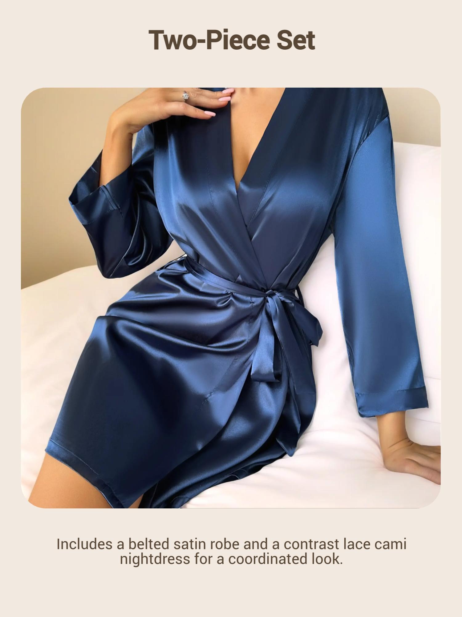Two-piece Set Women's Solid Belted Satin Robe & Contrast Lace Split Thigh Cami Nightdress, Elegant Comfy Drop Shoulder Long Sleeve Robe & Cami Nightdress Pj Set, Women's Sleepwear for Spring & Fall